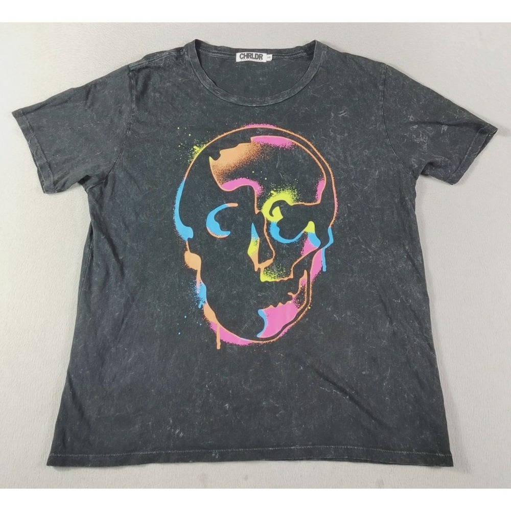 CHRLDR Shirt Womens Large Black Acid Wash‎ Neon Skull Graphic Tee Halloween Top